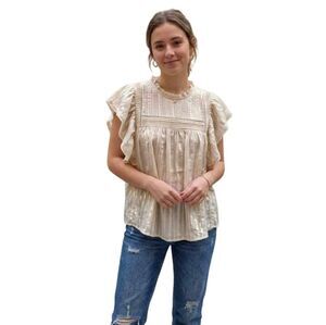 Topshop Shiny Striped Ruffle Flutter Sleeve Blouse Cream Gold Size 6
